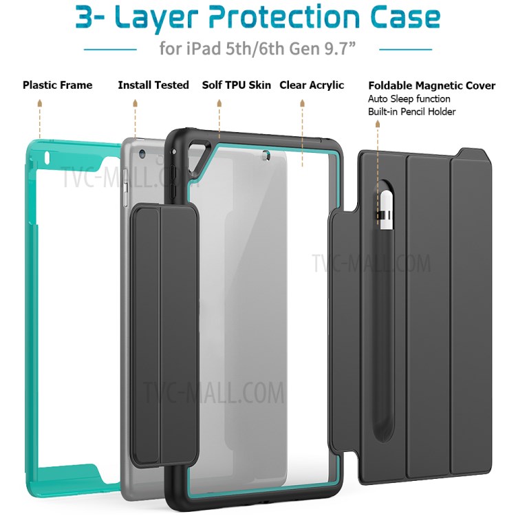 Tri-fold PU Leather+Acrylic+PC+TPU Tablet Unique Cover for iPad 9.7-inch (2018)/(2017)/iPad Air (2013) - Black/Baby Blue-4