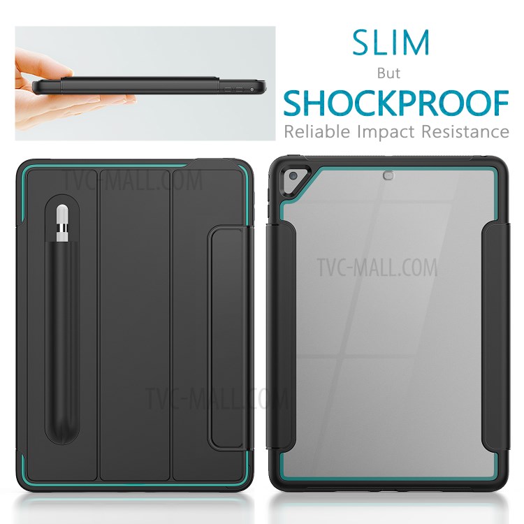 Tri-fold PU Leather+Acrylic+PC+TPU Tablet Unique Cover for iPad 9.7-inch (2018)/(2017)/iPad Air (2013) - Black/Baby Blue-6