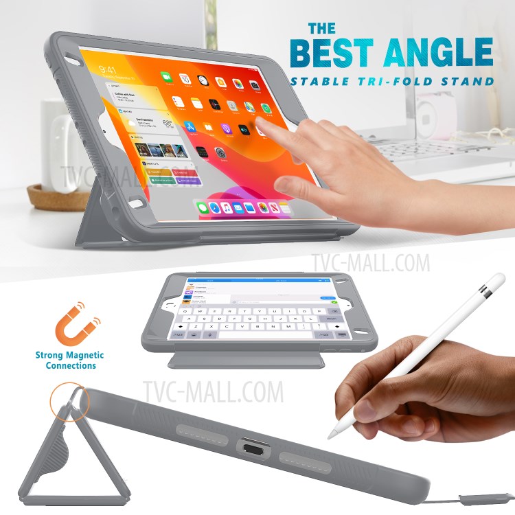 Tri-fold PU Leather+Acrylic+PC+TPU Tablet Case for iPad mini (2019) 7.9 inch/mini 4 - Grey-3