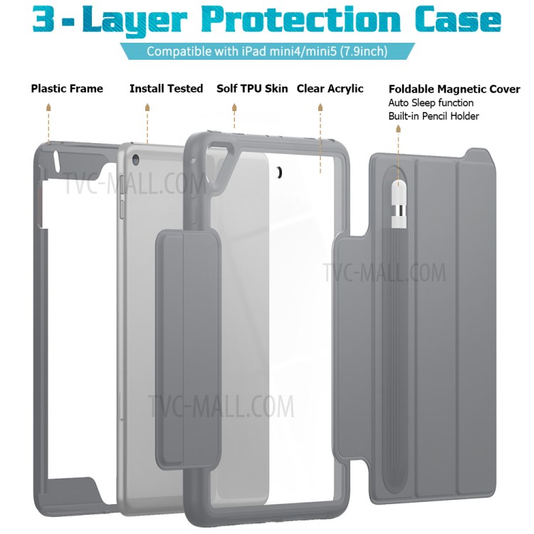 Tri-fold PU Leather+Acrylic+PC+TPU Tablet Case for iPad mini (2019) 7.9 inch/mini 4 - Grey-4