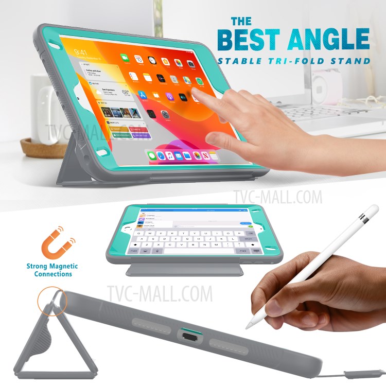 Tri-fold PU Leather+Acrylic+PC+TPU Tablet Case for iPad mini (2019) 7.9 inch/mini 4 - Grey/Baby Blue-3