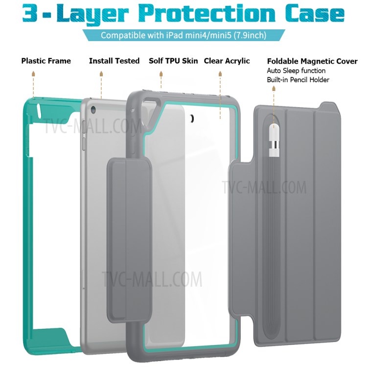 Tri-fold PU Leather+Acrylic+PC+TPU Tablet Case for iPad mini (2019) 7.9 inch/mini 4 - Grey/Baby Blue-4