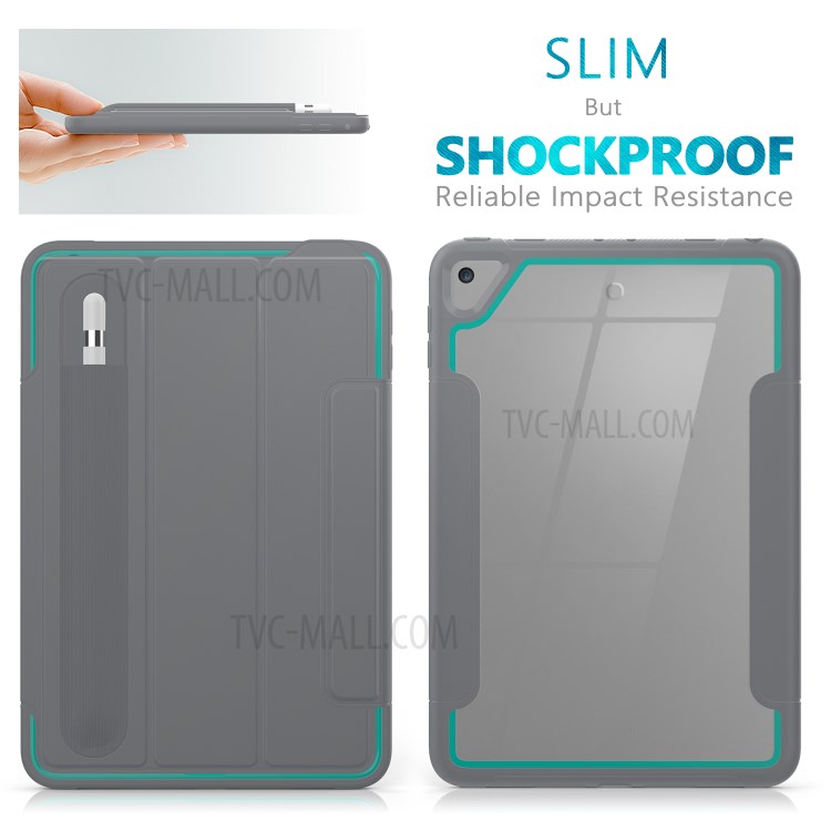 Tri-fold PU Leather+Acrylic+PC+TPU Tablet Case for iPad mini (2019) 7.9 inch/mini 4 - Grey/Baby Blue-6