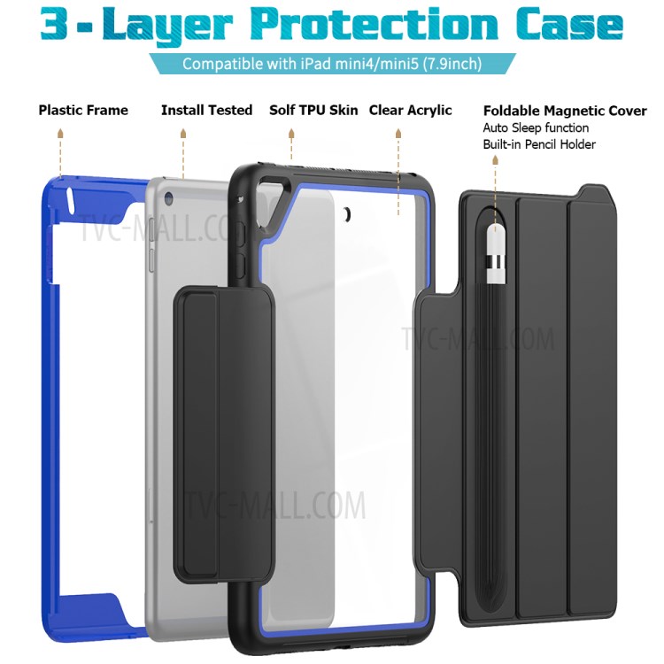 Tri-fold PU Leather+Acrylic+PC+TPU Tablet Case for iPad mini (2019) 7.9 inch/mini 4 - Black/Dark Blue-4