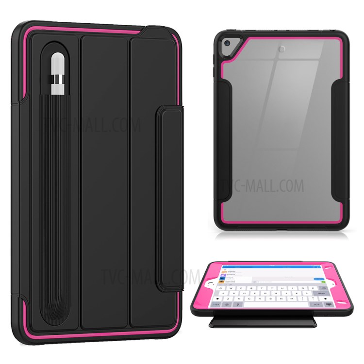 Tri-fold PU Leather+Acrylic+PC+TPU Tablet Case for iPad mini (2019) 7.9 inch/mini 4 - Black/Rose-1