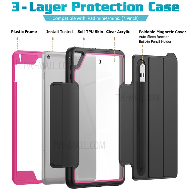 Tri-fold PU Leather+Acrylic+PC+TPU Tablet Case for iPad mini (2019) 7.9 inch/mini 4 - Black/Rose-4