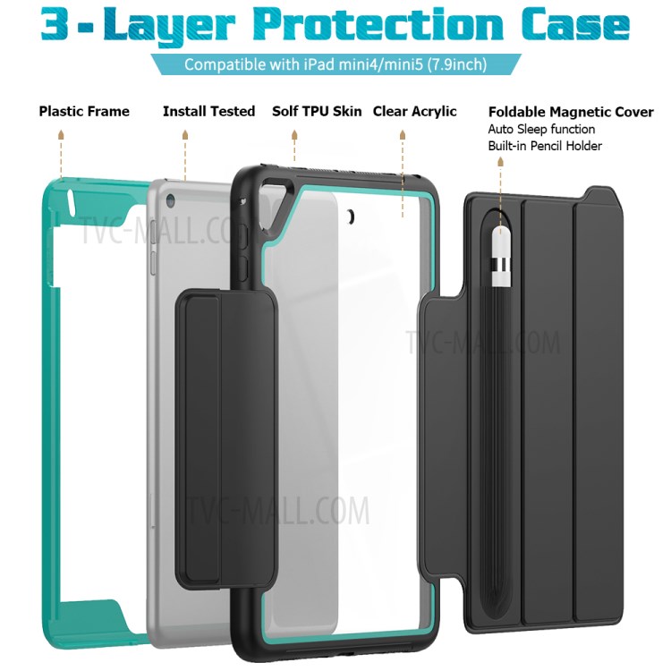 Tri-fold PU Leather+Acrylic+PC+TPU Tablet Case for iPad mini (2019) 7.9 inch/mini 4 - Black/Baby Blue-4