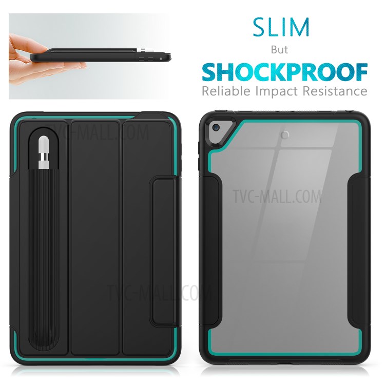 Tri-fold PU Leather+Acrylic+PC+TPU Tablet Case for iPad mini (2019) 7.9 inch/mini 4 - Black/Baby Blue-6