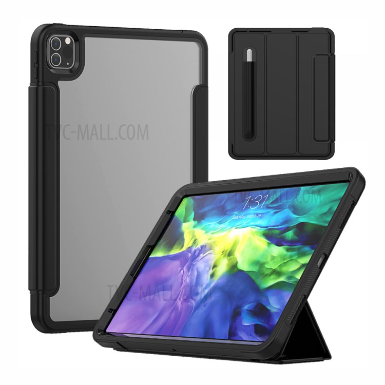 Tri-fold PU Leather+Acrylic+PC+TPU Tablet Cover for iPad Pro 11-inch (2020)/(2018) - All Black-1