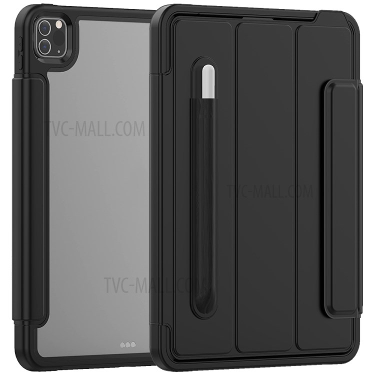Tri-fold PU Leather+Acrylic+PC+TPU Tablet Cover for iPad Pro 11-inch (2020)/(2018) - All Black-2