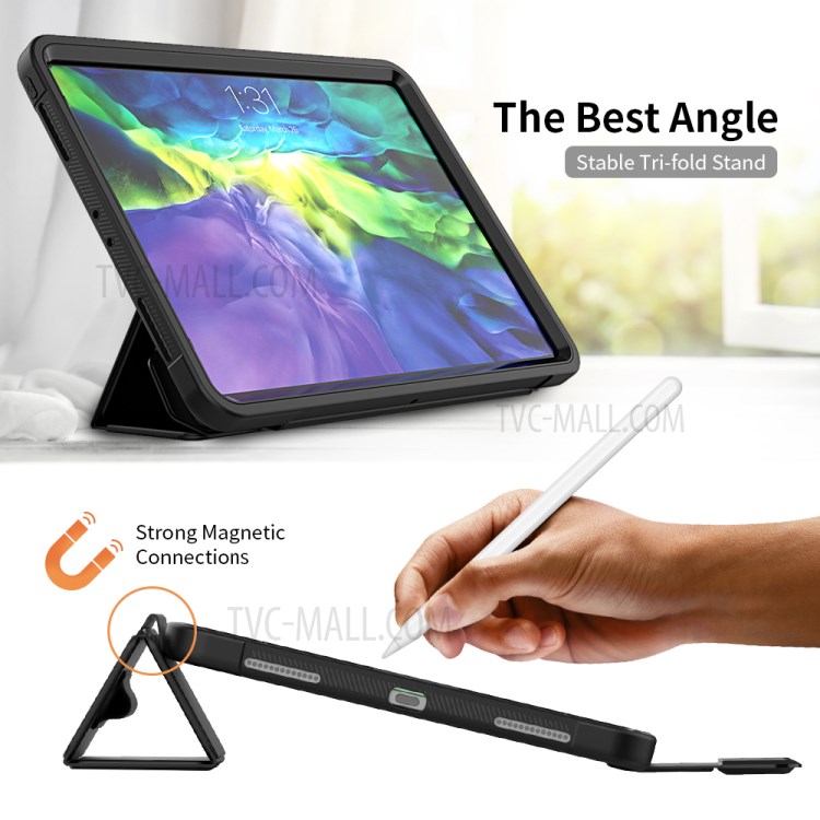 Tri-fold PU Leather+Acrylic+PC+TPU Tablet Cover for iPad Pro 11-inch (2020)/(2018) - All Black-4