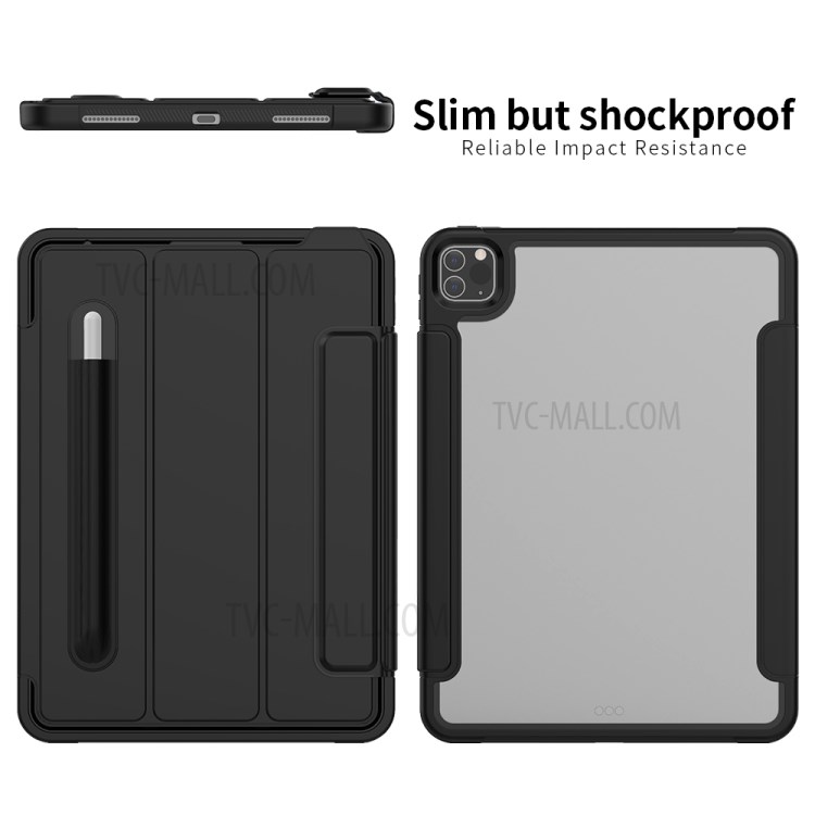 Tri-fold PU Leather+Acrylic+PC+TPU Tablet Cover for iPad Pro 11-inch (2020)/(2018) - All Black-7
