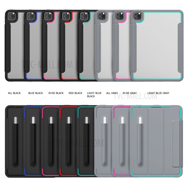 Tri-fold PU Leather+Acrylic+PC+TPU Tablet Cover for iPad Pro 11-inch (2020)/(2018) - All Black-9