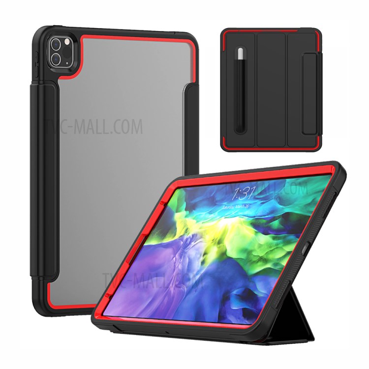 Tri-fold PU Leather+Acrylic+PC+TPU Tablet Cover for iPad Pro 11-inch (2020)/(2018) - Black/Red-1