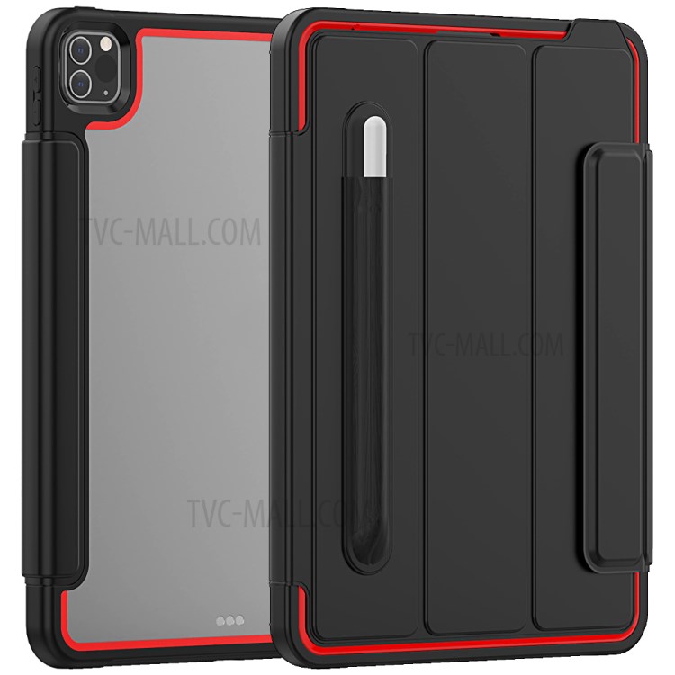 Tri-fold PU Leather+Acrylic+PC+TPU Tablet Cover for iPad Pro 11-inch (2020)/(2018) - Black/Red-2