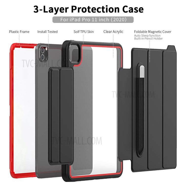 Tri-fold PU Leather+Acrylic+PC+TPU Tablet Cover for iPad Pro 11-inch (2020)/(2018) - Black/Red-3