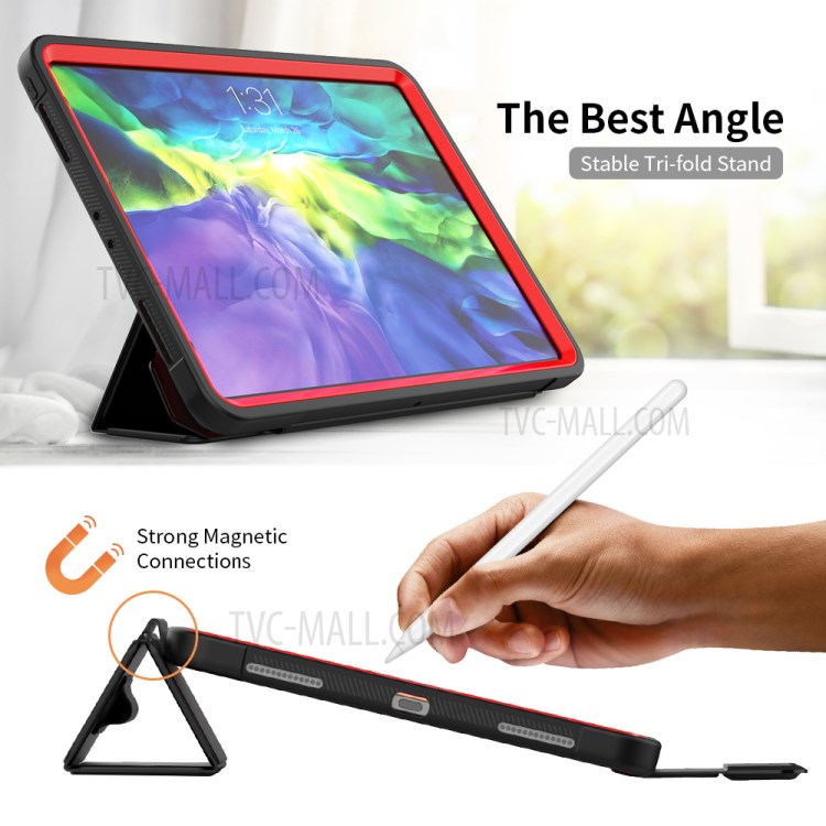 Tri-fold PU Leather+Acrylic+PC+TPU Tablet Cover for iPad Pro 11-inch (2020)/(2018) - Black/Red-4