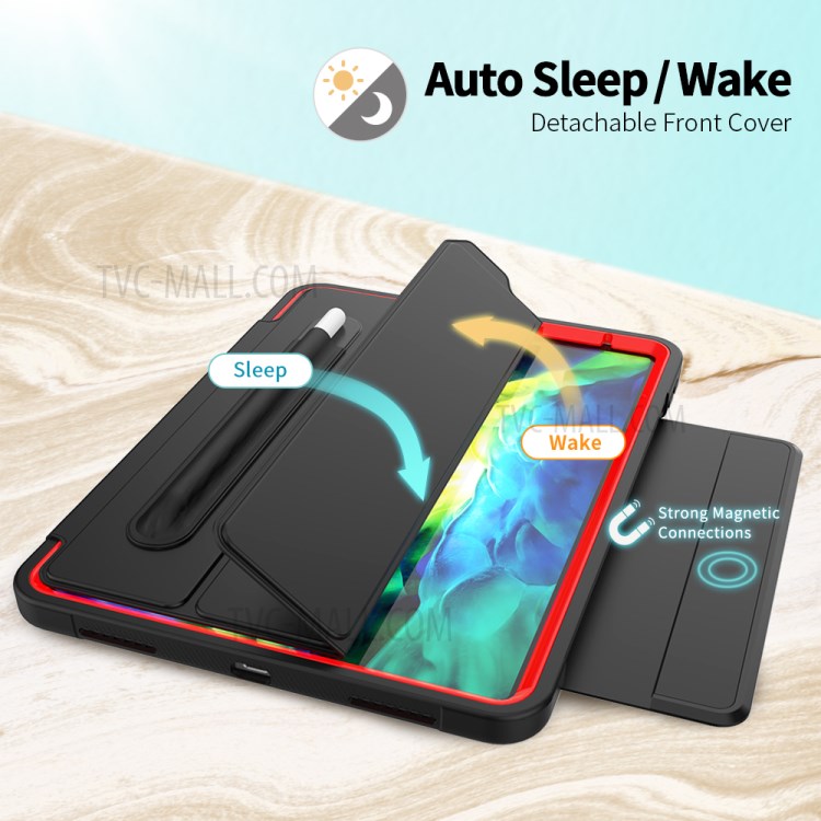 Tri-fold PU Leather+Acrylic+PC+TPU Tablet Cover for iPad Pro 11-inch (2020)/(2018) - Black/Red-5