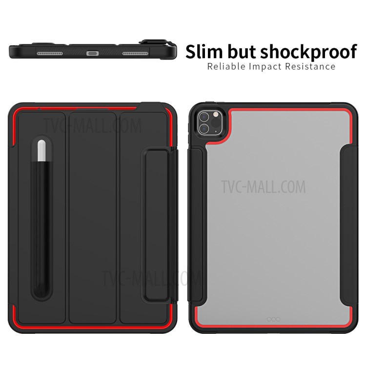Tri-fold PU Leather+Acrylic+PC+TPU Tablet Cover for iPad Pro 11-inch (2020)/(2018) - Black/Red-7