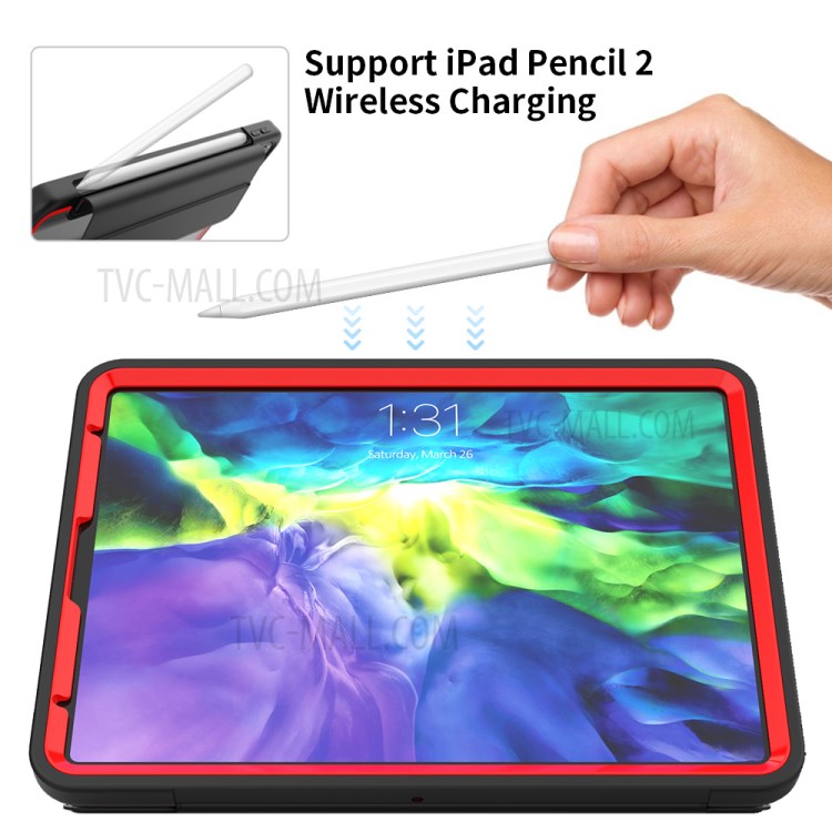 Tri-fold PU Leather+Acrylic+PC+TPU Tablet Cover for iPad Pro 11-inch (2020)/(2018) - Black/Red-8