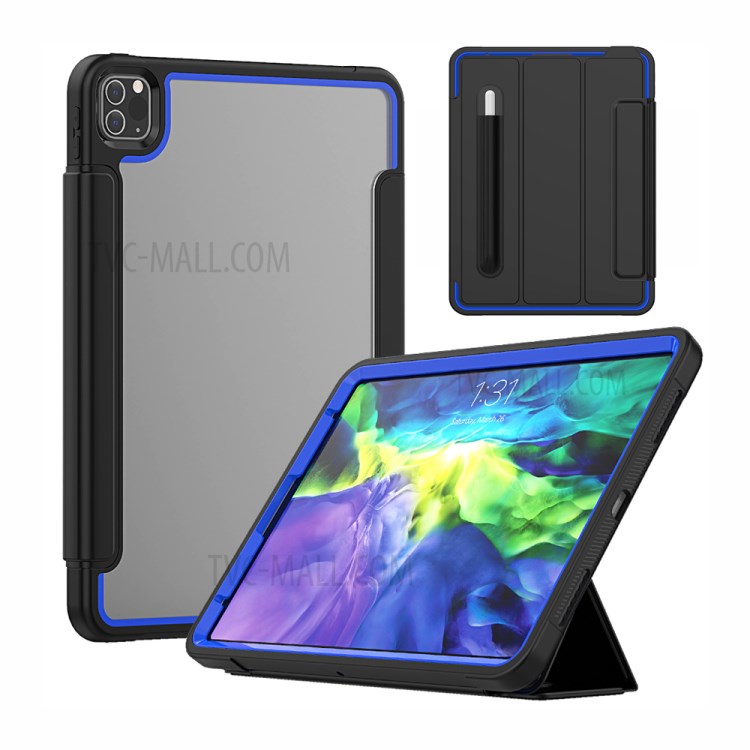 Tri-fold PU Leather+Acrylic+PC+TPU Tablet Cover for iPad Pro 11-inch (2020)/(2018) - Black/Dark Blue-1
