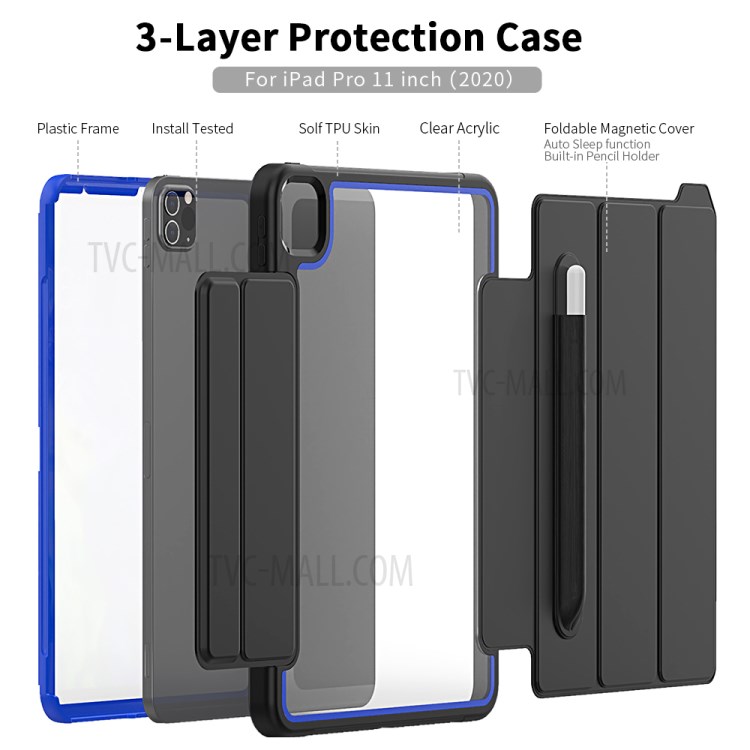 Tri-fold PU Leather+Acrylic+PC+TPU Tablet Cover for iPad Pro 11-inch (2020)/(2018) - Black/Dark Blue-3