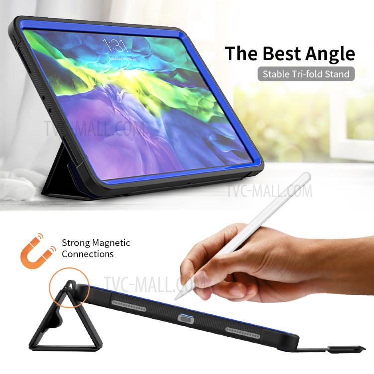 Tri-fold PU Leather+Acrylic+PC+TPU Tablet Cover for iPad Pro 11-inch (2020)/(2018) - Black/Dark Blue-4