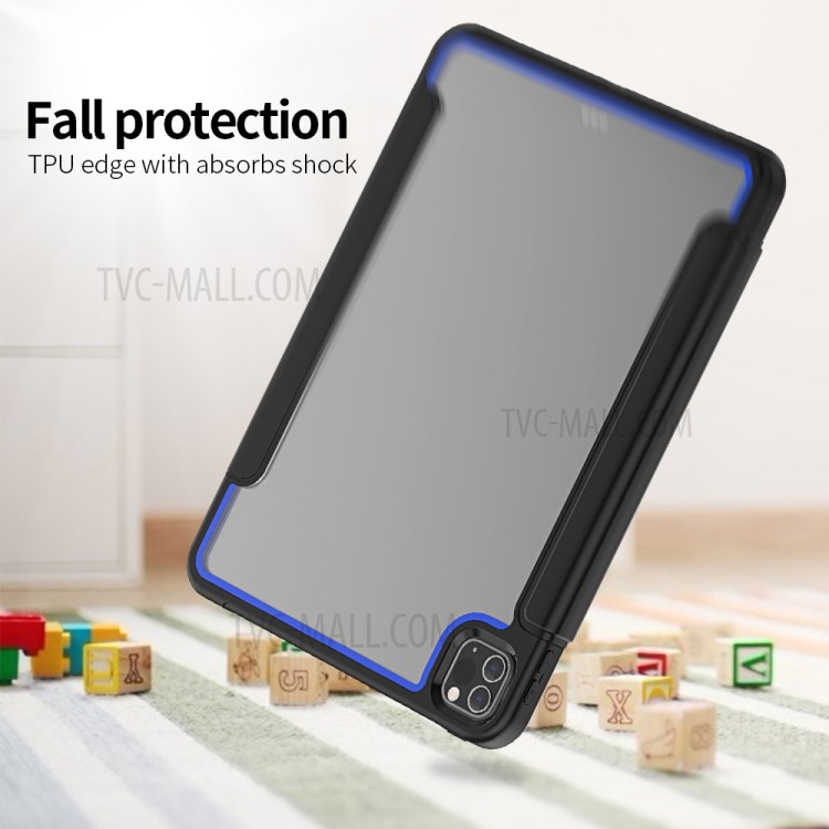 Tri-fold PU Leather+Acrylic+PC+TPU Tablet Cover for iPad Pro 11-inch (2020)/(2018) - Black/Dark Blue-6