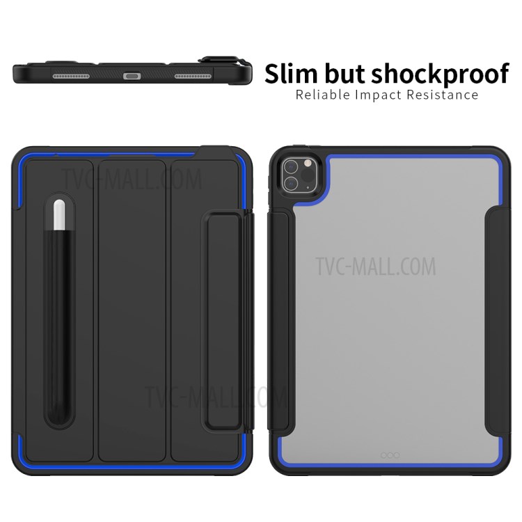 Tri-fold PU Leather+Acrylic+PC+TPU Tablet Cover for iPad Pro 11-inch (2020)/(2018) - Black/Dark Blue-7
