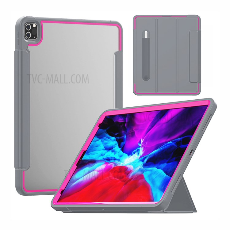 Tri-fold PU Leather+Acrylic+PC+TPU Tablet Cover for iPad Pro 12.9-inch (2020)/(2018) - Grey/Rose-1