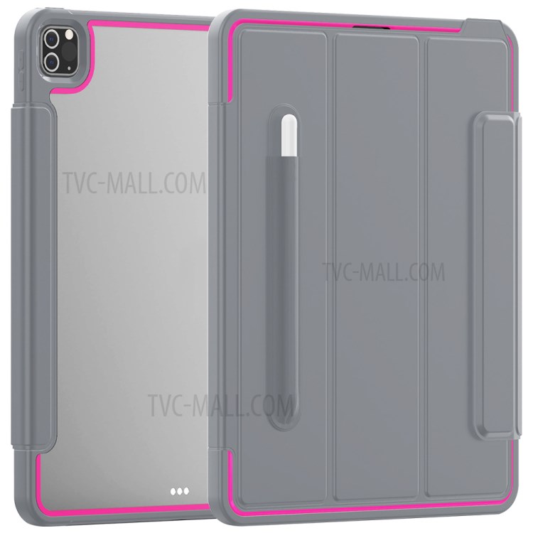 Tri-fold PU Leather+Acrylic+PC+TPU Tablet Cover for iPad Pro 12.9-inch (2020)/(2018) - Grey/Rose-2