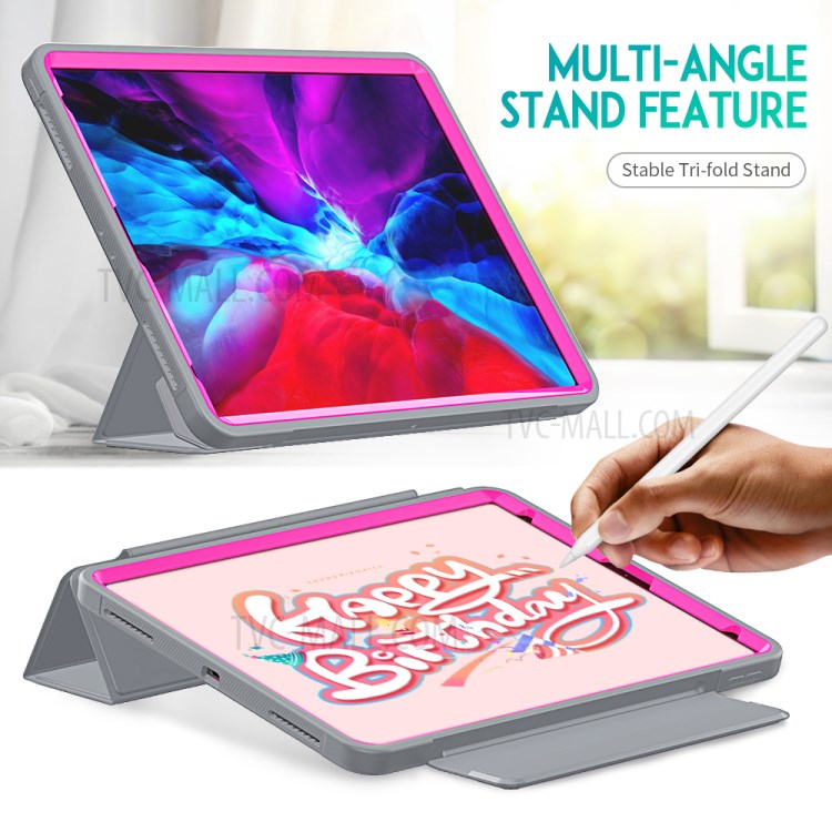 Tri-fold PU Leather+Acrylic+PC+TPU Tablet Cover for iPad Pro 12.9-inch (2020)/(2018) - Grey/Rose-4