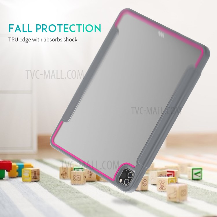 Tri-fold PU Leather+Acrylic+PC+TPU Tablet Cover for iPad Pro 12.9-inch (2020)/(2018) - Grey/Rose-6
