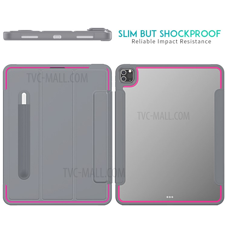 Tri-fold PU Leather+Acrylic+PC+TPU Tablet Cover for iPad Pro 12.9-inch (2020)/(2018) - Grey/Rose-7