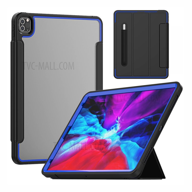 Tri-fold PU Leather+Acrylic+PC+TPU Tablet Cover for iPad Pro 12.9-inch (2020)/(2018) - Black/Dark Blue-1