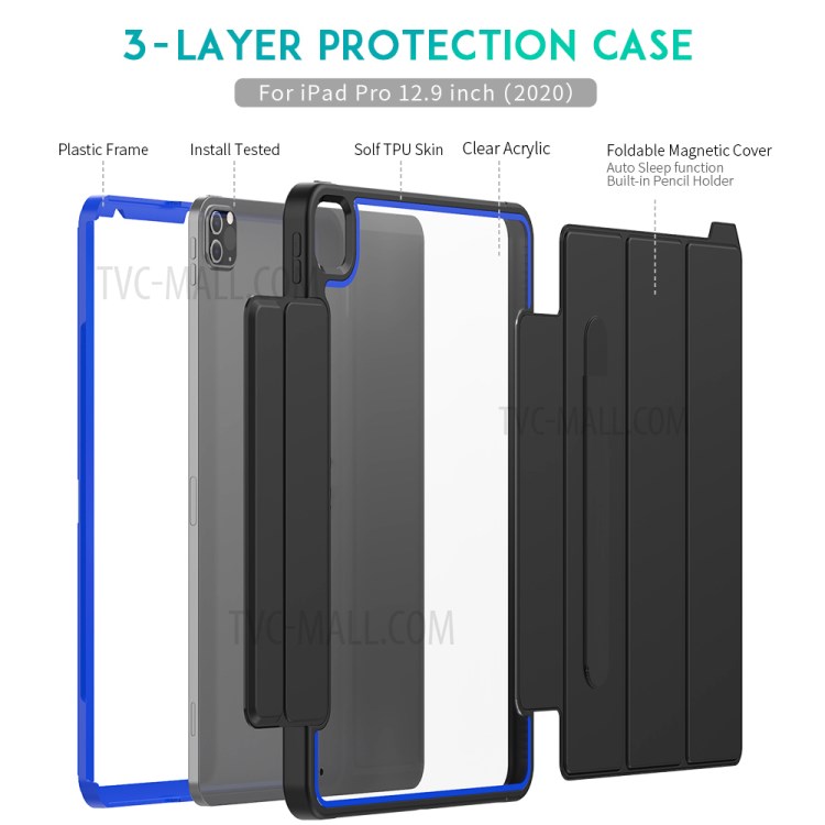 Tri-fold PU Leather+Acrylic+PC+TPU Tablet Cover for iPad Pro 12.9-inch (2020)/(2018) - Black/Dark Blue-3