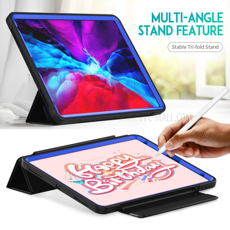 Tri-fold PU Leather+Acrylic+PC+TPU Tablet Cover for iPad Pro 12.9-inch (2020)/(2018) - Black/Dark Blue-4
