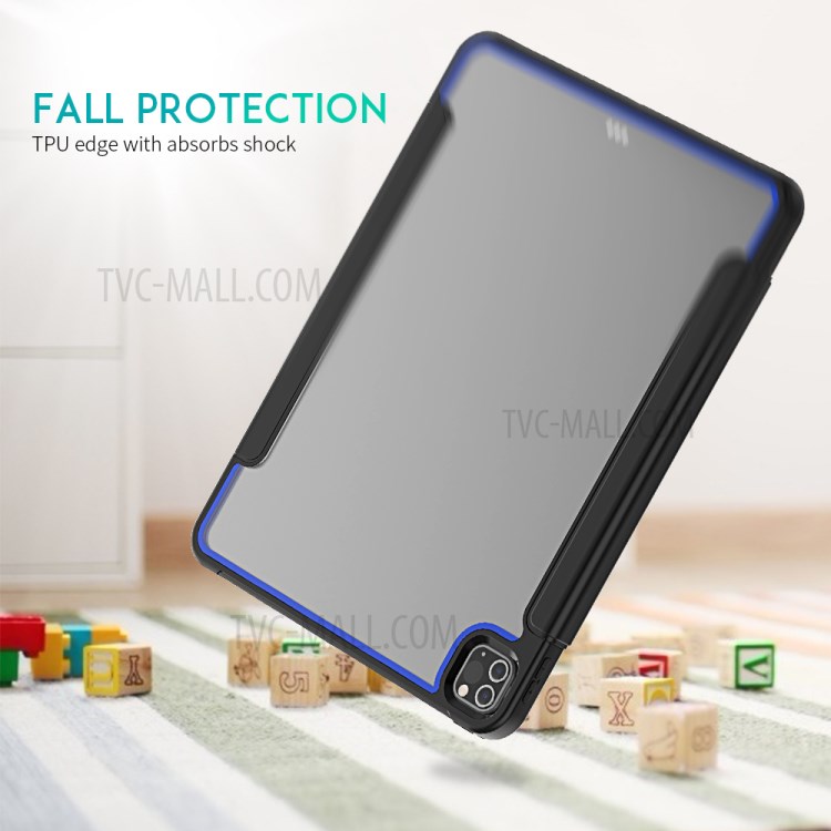 Tri-fold PU Leather+Acrylic+PC+TPU Tablet Cover for iPad Pro 12.9-inch (2020)/(2018) - Black/Dark Blue-6