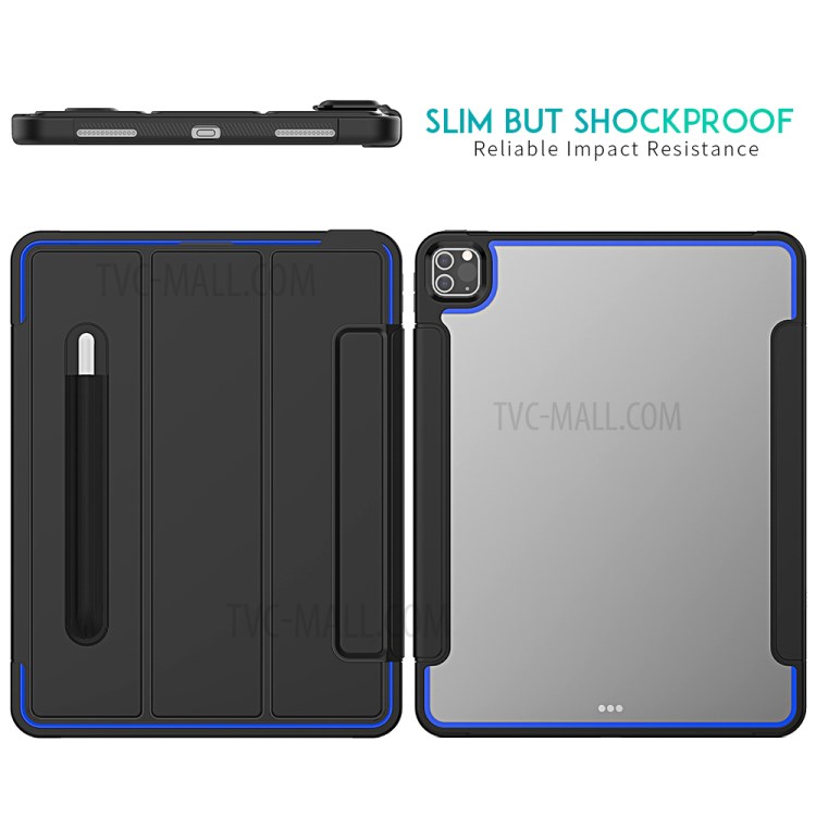 Tri-fold PU Leather+Acrylic+PC+TPU Tablet Cover for iPad Pro 12.9-inch (2020)/(2018) - Black/Dark Blue-7