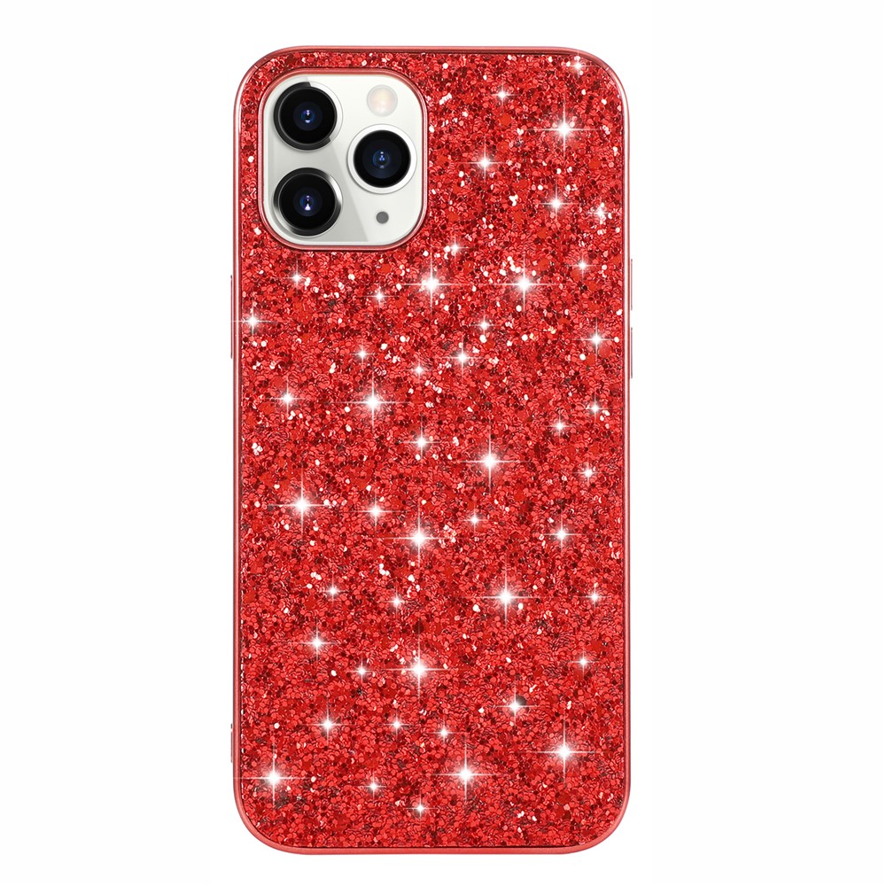 Glittering Sequins Plated TPU Frame + PC Hybrid Shell Case for iPhone 12 Pro/12 - Red-1