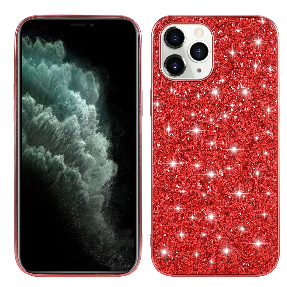 Glittering Sequins Plated TPU Frame + PC Hybrid Shell Case for iPhone 12 Pro/12 - Red-2