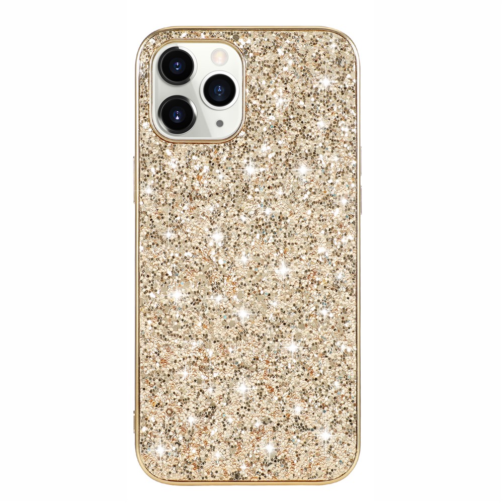 Glittering Sequins Plated TPU Frame + PC Hybrid Shell Case for iPhone 12 Pro/12 - Gold-1