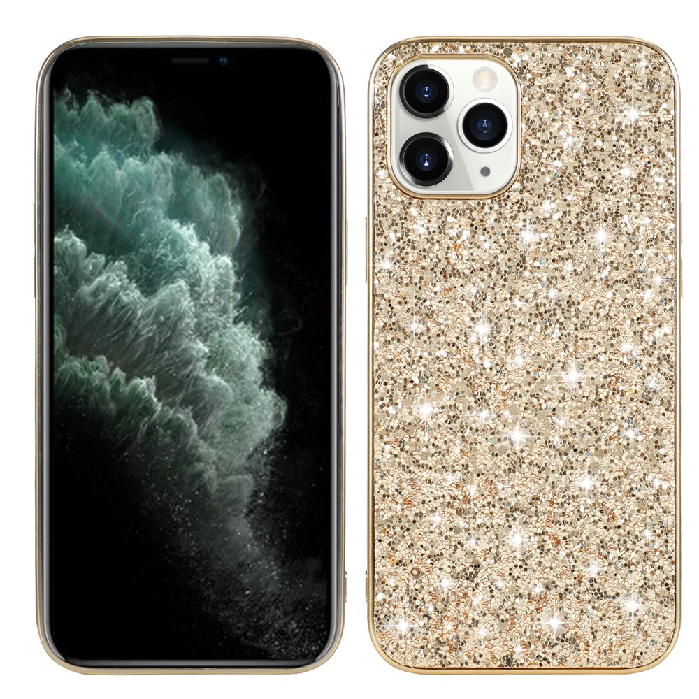 Glittering Sequins Plated TPU Frame + PC Hybrid Shell Case for iPhone 12 Pro/12 - Gold-2