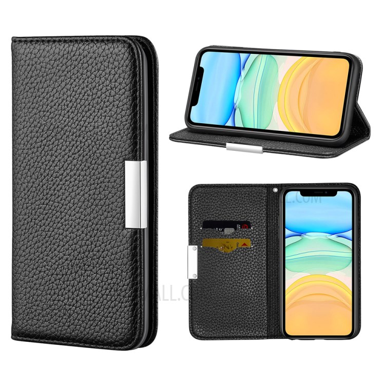 Litchi Skin Auto-absorbed Leather with Card Slots Shell for iPhone 12 5.4-inch - Black-1