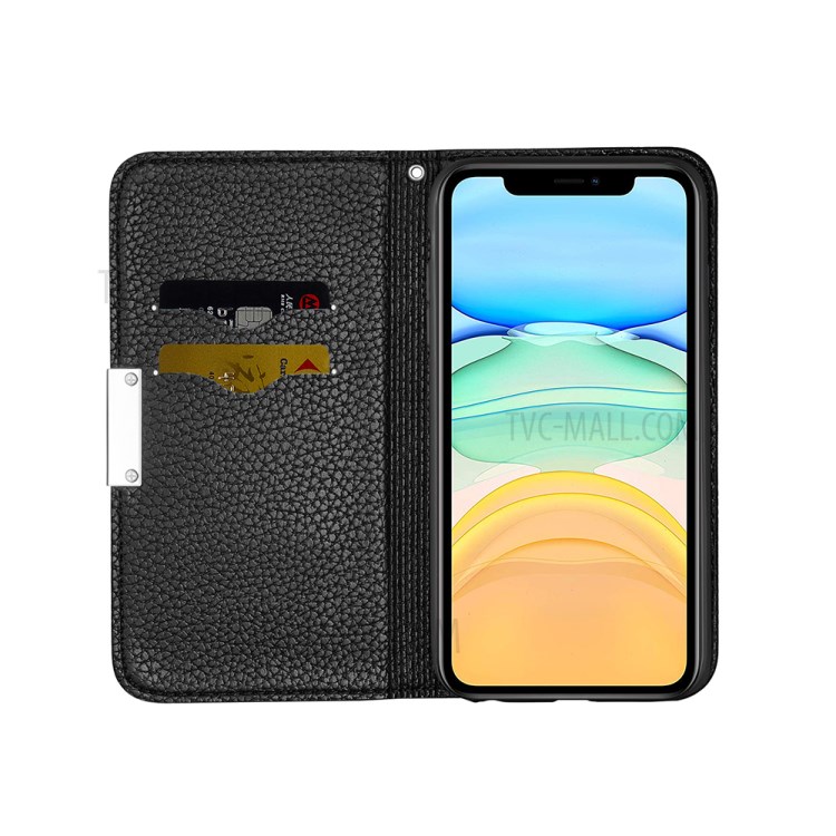 Litchi Skin Auto-absorbed Leather with Card Slots Shell for iPhone 12 5.4-inch - Black-6