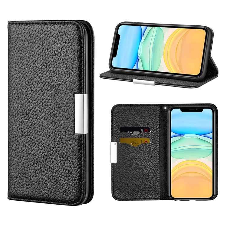 Litchi Skin Auto-absorbed Leather with Card Slots Shell for iPhone 12 Pro / iPhone 12 Max 6.1-inch - Black-1