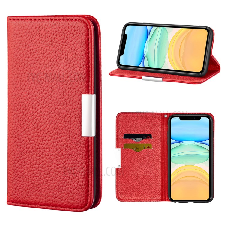 Litchi Skin Auto-absorbed Leather with Card Slots Shell for iPhone 12 Pro/12 - Red-1