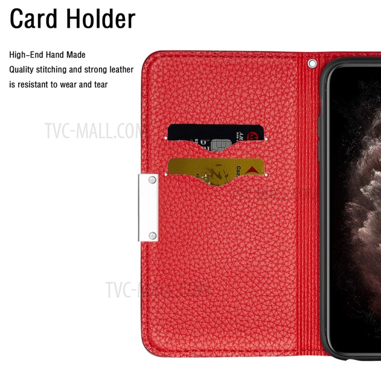 Litchi Skin Auto-absorbed Leather with Card Slots Shell for iPhone 12 Pro/12 - Red-10