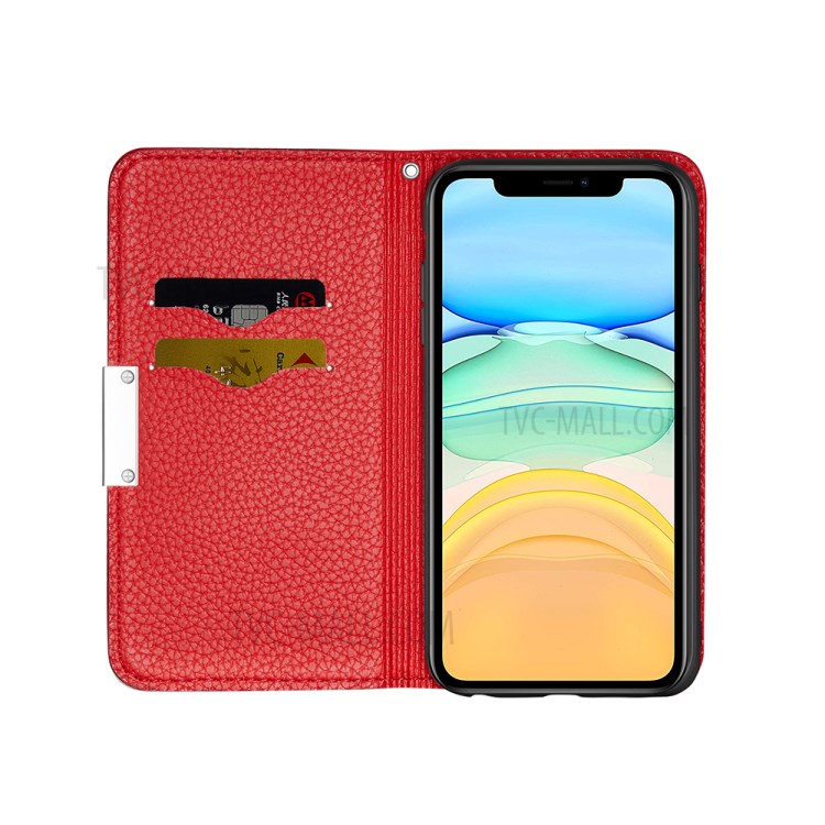 Litchi Skin Auto-absorbed Leather with Card Slots Shell for iPhone 12 Pro/12 - Red-6
