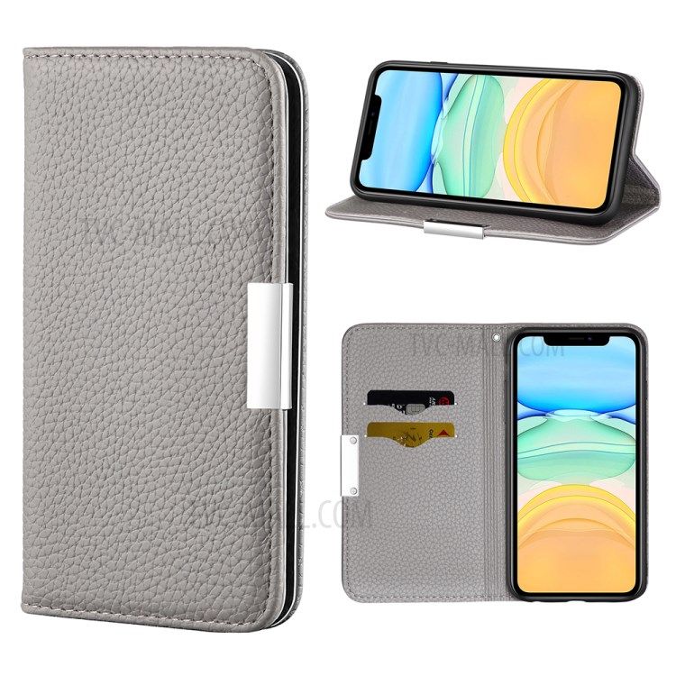 Litchi Skin Auto-absorbed Leather with Card Slots Shell for iPhone 12 Pro/12 - Grey-1